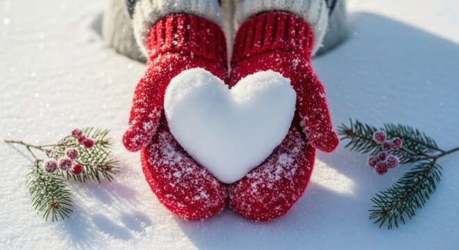 Heart of snow held in red mittens on a winter day.