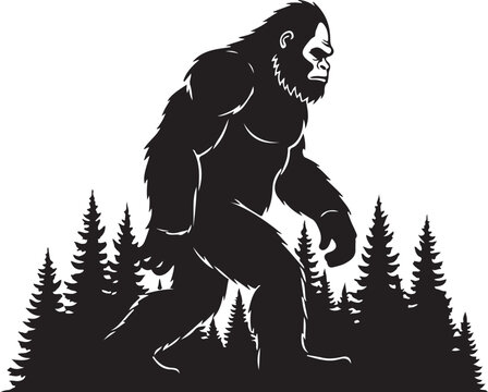 Bigfoot walking through forest with trees and white background