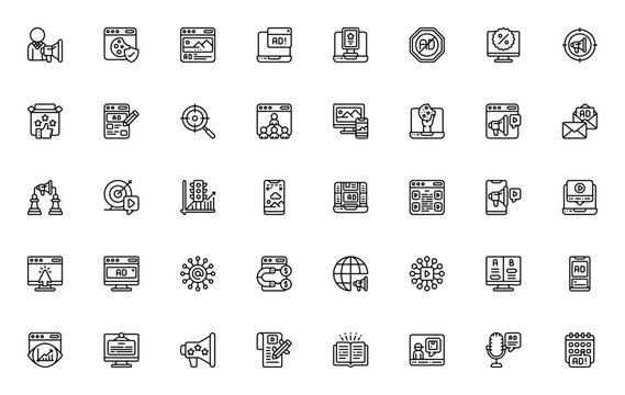 Internet Advertising icon set. Vector icons pack with marketer, cookies, ad blocker, targeting, bar graph, video marketing, A/B testing and more. Editable stroke.