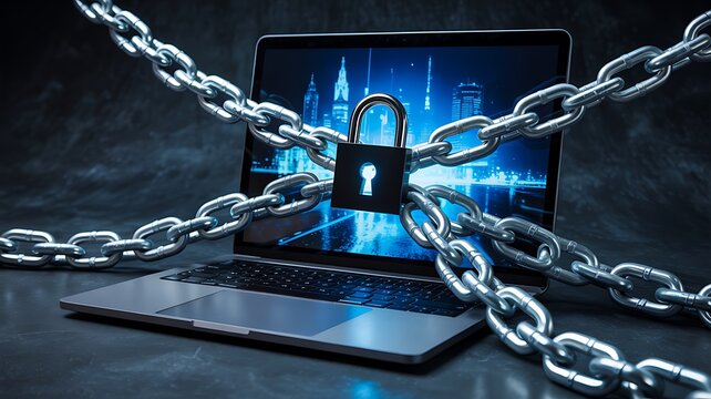 Laptop secured with chains and lock representing cybersecurity and data protection concept
