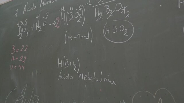 Chemistry lesson board displays reaction equations
