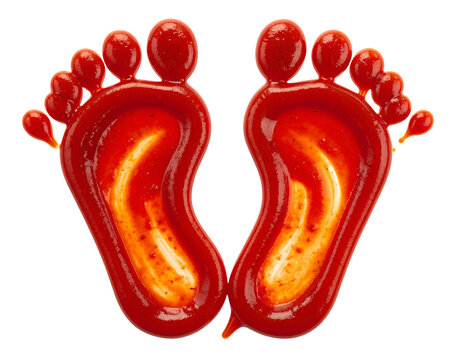 Footprints made of red sauce, like a messy, creative impression