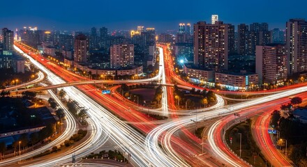 Fototapeta premium Night City Traffic Long Exposure with Dynamic Light Trails and Skyline