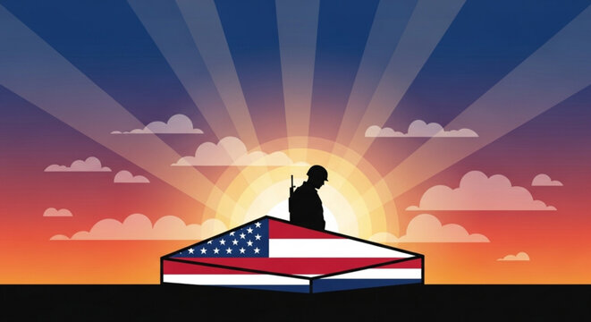 Silhouette of a soldier saluting on an american flag coffin at sunset with vibrant sky and clouds