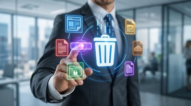 Businessman Deleting Digital Files from a Holographic Interface, Illustrating Secure Data Management.