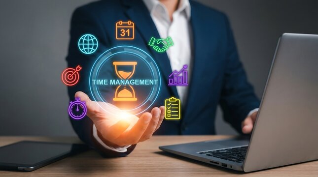 Businessman managing time effectively with digital tools to enhance productivity and achieve strategic business goals.