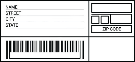 Naklejka premium Streamlined Address Label Template with Barcode for Fast Shipping, Featuring Fields for Name, Street, City, State, and Zip Code, Optimizing Mailing Processes