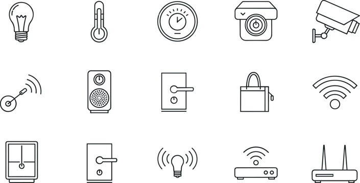 Smart home and security icon set featuring IoT devices surveillance locks sensors lighting and wireless connectivity line symbols