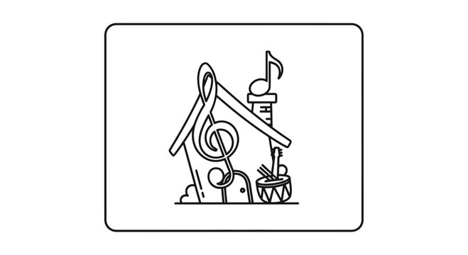 Musical House Concept: G Clef, Notes, Drum, Guitar in a Whimsical Building Outline