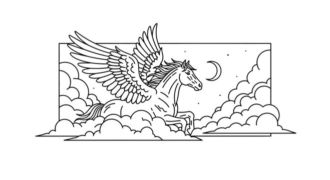 Mythical Pegasus Flying Through Clouds Under Crescent Moon