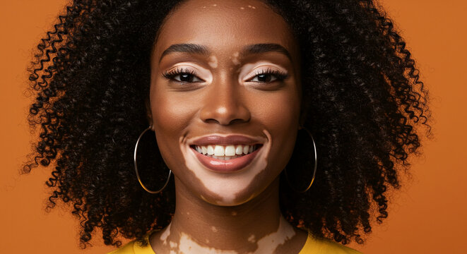 A smiling woman with curly hair and vitiligo posing against an orange background