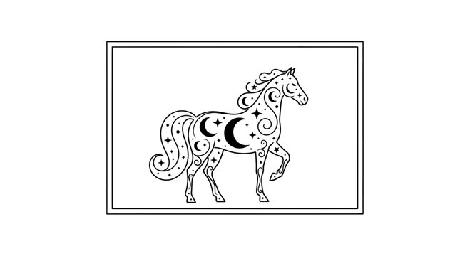 Mystical Horse Silhouette with Celestial Moon and Star Ornaments