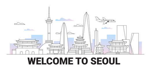 Obraz premium Seoul city skyline tourism landmarks airplane modern buildings traditional architecture pastel clouds website banner