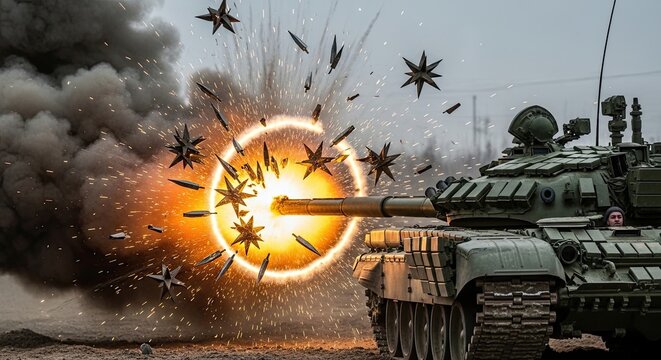 Military Tank Firing Shell in Combat Zone.