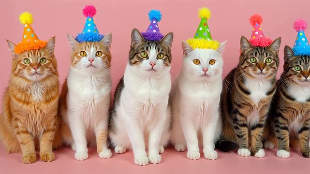 Cats in party hats lined up for Contemporary Lifestyle and Visual Storytelling