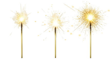 Obraz premium Three lit sparklers with bright golden bursts and smoke trails, isolated on transparent background, festive celebration concept.