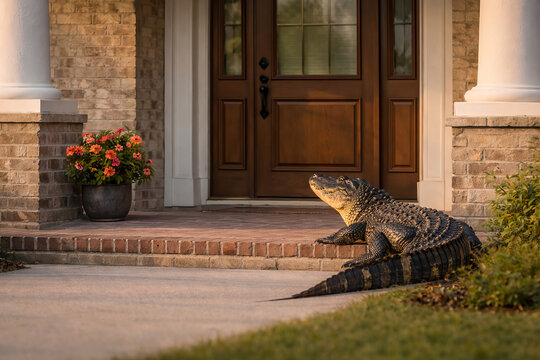 Alligator Visiting House on Front Porch, Unexpected Visitor