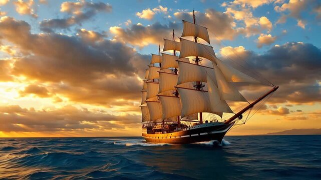 Sailing ship at sunset on ocean for Digital Transformation and Cyber Infrastructure