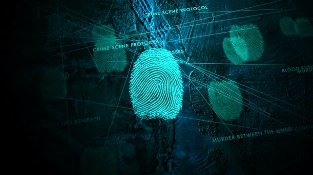 Detailed digital scan of a fingerprint surrounded by forensic text and ballistics protocols. Perfect for spy thrillers, cybersecurity documentaries, or mystery trailers.