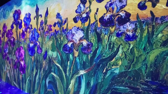 Vibrant digital art of iris flower at the Digital National Art Museum in Manila, Philippines. Rich purple, blue, and magenta blooms with thick impasto brushstrokes glow against a golden sky.