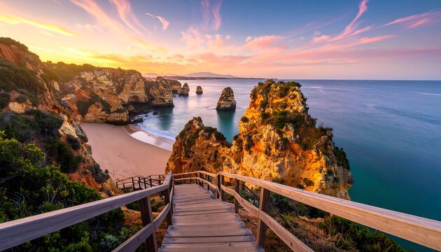 Spectacular view of Praia do Camilo beach in Lagos, Algarve, Portugal at sunset