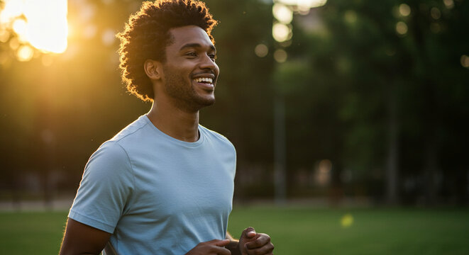 A smiling man jogging in a park during sunset with a blurred background