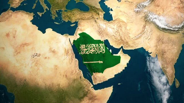 Saudi Arabia Map on world map with National Saudi Arabia Flag 4K