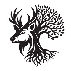 A creative vector art piece showing an abstract fusion of a deer head and a tree, with branching antlers, a strong trunk structure, and roots extending elegantly in natural harmony. © primus