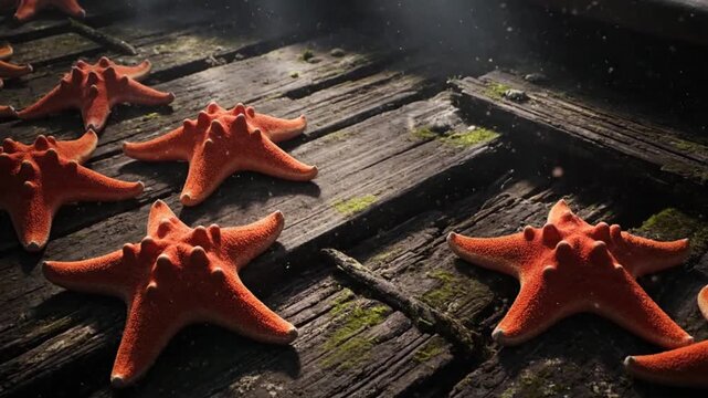 group of orange starfish resting on wet wooden planks of a boat deck in sunlight