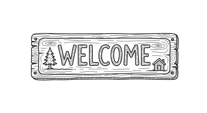 Hand-drawn Welcome Sign with Tree and House Illustration