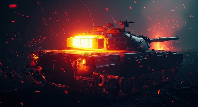 Military Tank in Dark Combat Environment.