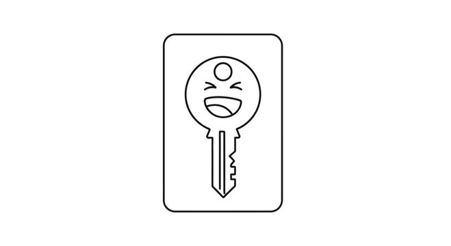 Happy Key Character Icon, Funny Face, Unlock Joy, Security, Access Concept