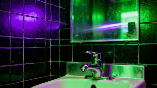 Direct Flash Club Bathroom Scene with Chrome Faucet and Electric Purple Light
