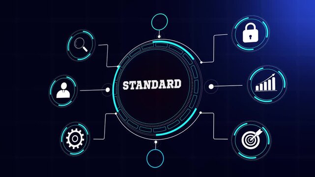 Business standard and strategic performance visualization, modern data hud with glowing blue icons, seamless abstract banking animation for professional office use