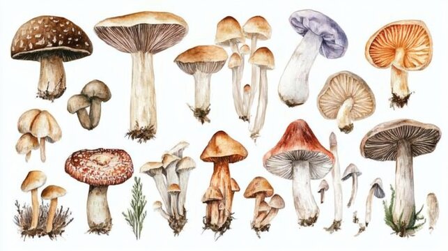 Watercolor illustration of assorted wild mushrooms and small sprigs of greenery on white background.