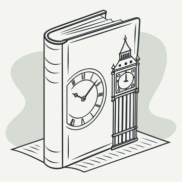 Vintage standing book with a clock face and big ben tower, representing historical knowledge, time, learning, and cultural heritage illustration.