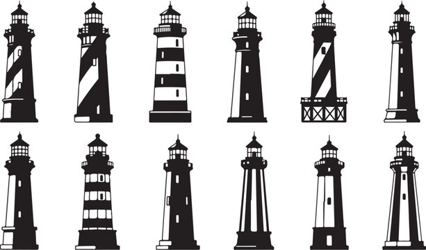 Collection of various lighthouse silhouettes in black and white