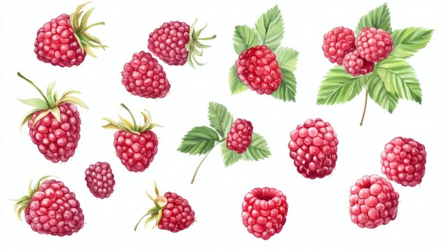 Watercolor-style botanical illustration of multiple raspberries and berry leaves on white background