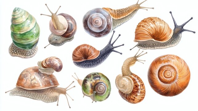 Watercolor illustrations of various colorful snails and shells on a white background, arranged as a collection.