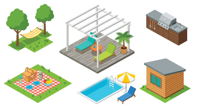 Isometric backyard with patio pool and outdoor dining areas