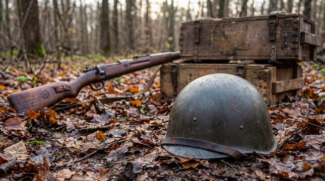 Historical photograph of an old military rifle and helmet resting on autumn leaves.