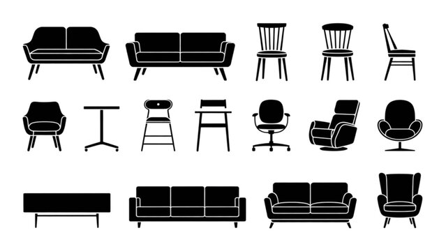 Collection of diverse modern furniture pieces including chairs, sofas, and tables in black and white Vector