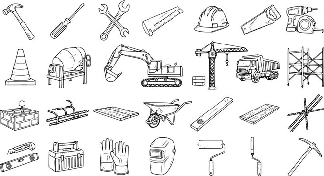Hand-drawn Outline Sketch Icons Set of Construction Tools, Heavy Machinery, and Building Materials for Industrial Projects and Work