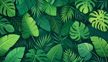 Fototapeta premium Dense seamless pattern of overlapping vibrant tropical jungle leaves