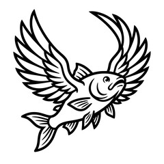 Obraz premium flying fish wings illustration black white line art mythical creature