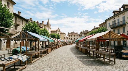 Fototapeta premium An inviting cobblestone street market with colorful stalls, set against the backdrop of historic buildings and a vibrant blue sky.