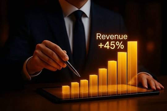 Businessman Analyzing Glowing 3D Revenue Growth Chart Showing 45 Percent Increase.