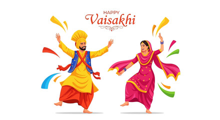 Obraz premium Vaisakhi celebration illustration featuring a Sikh couple in traditional Punjabi attire joyfully dancing against a white background with colorful confetti, conveying a vibrant and festive