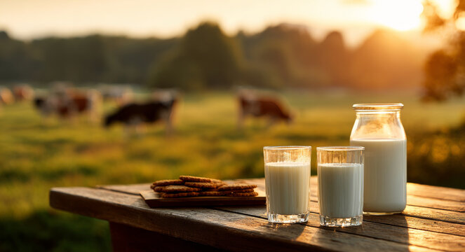 Wooden table with two glasses and bottle of milk alongside cookies, set outdoors with cows grazing in background at sunset