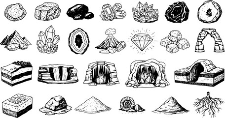 Hand-drawn Geology Set: Rocks, Minerals, Crystals, Caves, Volcano, Earth Layers  Fossils for Science Education and Exploration Icons © emerland